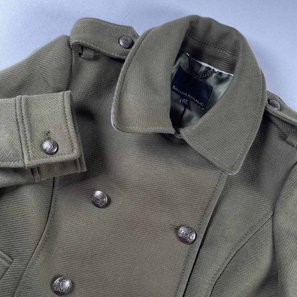 Banana Republic Military Double‎ Breasted Peacoat Olive Green Twill Jacket XS